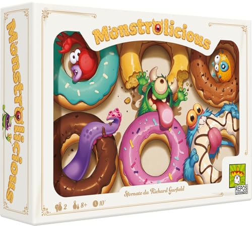 Monstrolicious Brettspiel – Familienfreundliches Strategiespiel mit schrulligen Monstern & Desserts, spannenden Minispielen & Überraschungen, ab 10 Jahren, 2 Spieler, 10 Minuten Spielzeit, hergestellt von Repos Production