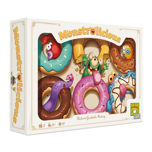 Monstrolicious Brettspiel – Familienfreundliches Strategiespiel mit schrulligen Monstern & Desserts, spannenden Minispielen & Überraschungen, ab 10 Jahren, 2 Spieler, 10 Minuten Spielzeit, hergestellt von Repos Production