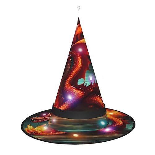 ResKiu Drachenkönig im Feuer, stylisch bedruckter Halloween-Hexenhut mit LED-Lichtern, perfektes Kostümzubehör und Party-Dekoration von ResKiu