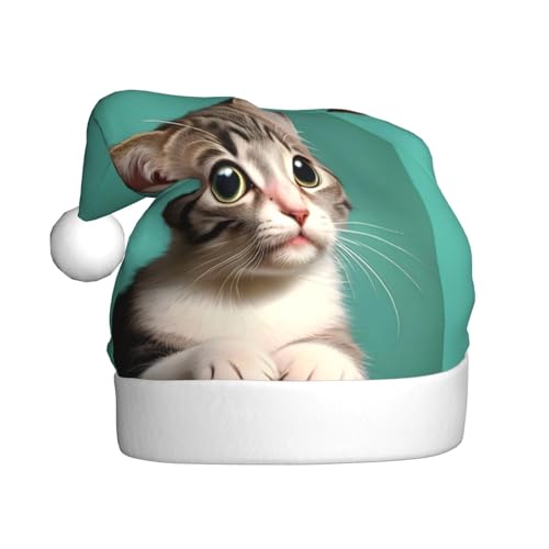 ResKiu Eine neugierige Katze bedruckte Weihnachtsmütze für Erwachsene – Einheitsgröße – Lustige Weihnachtsmütze für Weihnachten & Neujahr von ResKiu