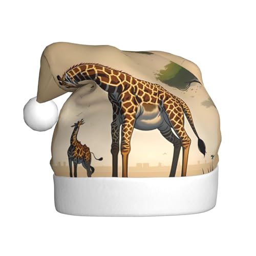 ResKiu Mutter und Kind Giraffe bedruckte Weihnachtsmütze für Erwachsene - Einheitsgröße - Lustige Nikolausmütze für Weihnachten & Neujahr von ResKiu