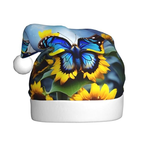 ResKiu Sonnenblumen-blauer Schmetterling bedruckte Weihnachtsmütze für Erwachsene – Einheitsgröße – lustige Nikolausmütze für Weihnachten & Neujahr von ResKiu