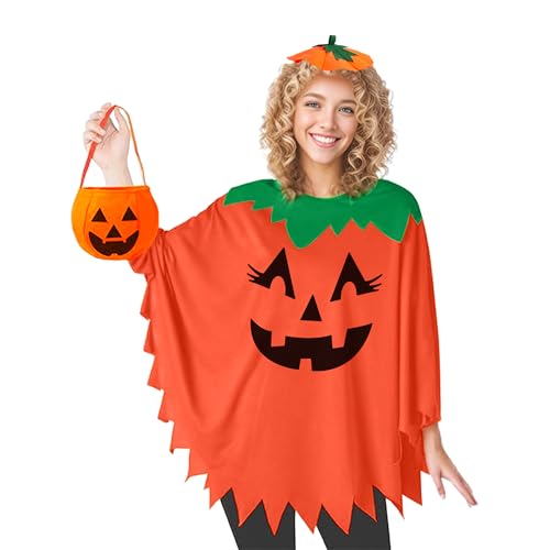 Halloween Damen Poncho Kostüm Umhang - Orange Kürbis mit Stirnband für Mottoparty, Festliches & Verspieltes Accessoire für Gruselnächte von Reskribe