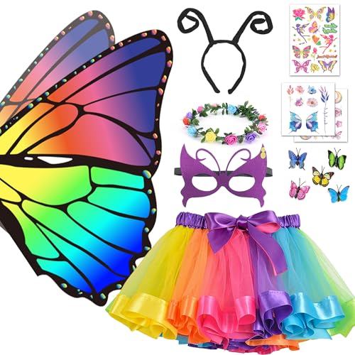 Reskribe 13 Stück Kostüm Schmetterling Kinder Mädchen Schmetterlingsflügel mit Schmetterlingsflügel, Maske, Tutu Rock, Haarreif, Tattoos und Umhang für Halloween, Karneval, Fasching und Cosplay von Reskribe