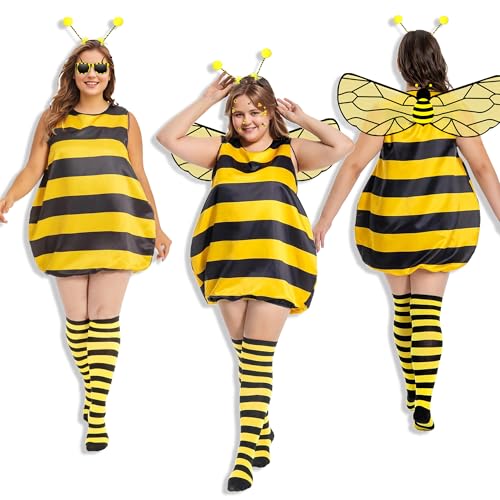 Reskribe Biene Kostüm für Damen Hummel Kostum für Erwachsene, Bee Costume for Women Bumblebee Cosplay Outfit, Faschingskostüme Damen Biene mit Flügel Antenne Beinärmel für Halloween Karneval (XXL) von Reskribe