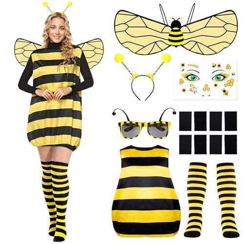 Reskribe Biene Kostüm für Damen Hummel Kostum für Erwachsene, Bee Costume for Women Bumblebee Cosplay Outfit, Faschingskostüme Damen Biene mit Flügel Antenne Beinärmel für Halloween Karneval (M) von Reskribe