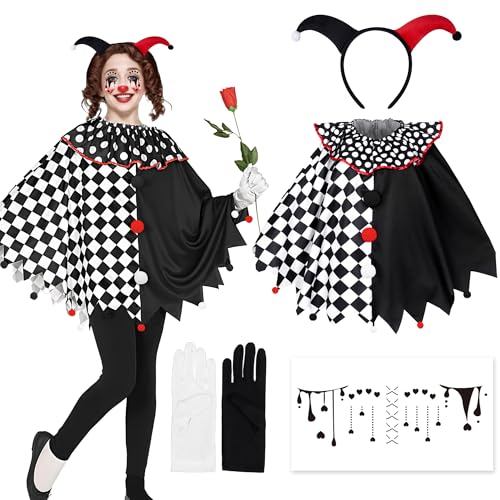 Reskribe Harlekin Kostüm Damen –Party Fashion Karnevalskostüm mit Harlekin Haarreifen, Tattoos und Schwarz-Weißen Handschuhen für Fasching, Karneval und Mottopartys von Reskribe