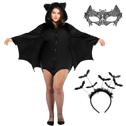 Reskribe Schwarze Fledermaus Kostüm Damen Zip Hoodie Karneval Kostüme für Erwachsene Vampir Kostüm Damen Fledermaus Umhang Kit für Damen mit Fledermaus Stirnband Spitzenmaske und Netzstrümpfen von Reskribe