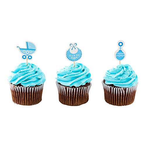 Top Cake Cupcake-Topper für Babypartys, 24 verschiedene Baby-Kuchenaufsätze, inklusive Kinderwagen, Lätzchen und Rassel, Dessert-Dekorationen, blaues Papier, geschlechtsspezifische Offenbarung von Restaurantware