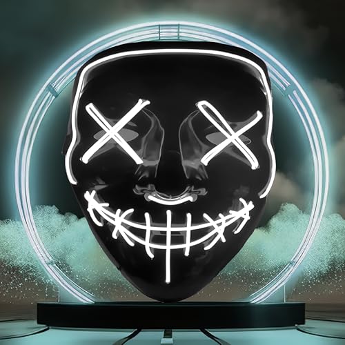 Retoo Halloween LED Maske mit 3 Beleuchtungsmodi, Scary Neon Purge Maske im Dunkeln Leuchtend für Herren & Damen, Grusel Maske für Kostümspiele, Feste, Cosplays, Karneval und Partys (White) von Retoo