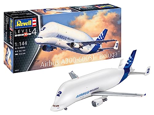 Revell Modellbausatz I Airbus A300-600ST Beluga I Detailreicher Level 4 Flugzeug Bausatz I 78 Teile I Maßstab 1:144 I für Kinder und Erwachsene ab 12 Jahren, Geformte Farbe von Revell