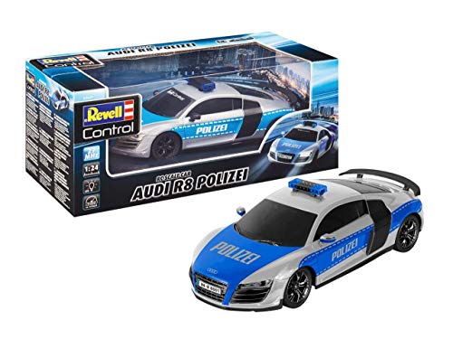 Revell Control 24657 RC Scale Car 1:24 Audi R8 Polizei, 27 MHz-Fernsteuerung, originalgetreue Karosserie, Fahrlicht ferngesteuertes Auto, Silber/blau von Revell Control