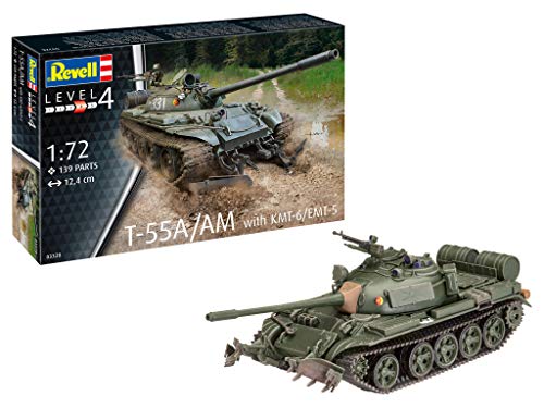 Revell 03328 T-55A/AM with KMT-6/EMT-5, Panzermodellbausatz 1:72, 12,4 cm Militär originalgetreuer Modellbausatz für Fortgeschrittene, unlackiert von Revell