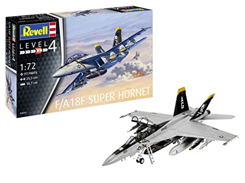 Revell Modellbausatz F/A-18 Super Hornet I Detaillierte Nachbildung des Kampfflugzeugs I 2 Decalversionen I Maßstab 1:72 mit 97 Teilen I Perfekt für erfahrene Modellbauer und Einsteiger I Kampfjet von Revell