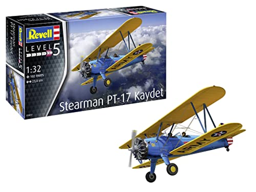 Revell 03837 Stearman PT-17 Kaydet Model Kit 1:32 Scale Fahrzeug originalgetreuer Modellbausatz für Experten, unlackiert von Revell