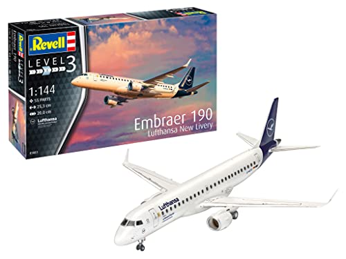 Revell Modellbau, Embraer 190 Lufthansa New Livery, 1:144 Bausatz, 55 Teile, Bastelset ab 10 Jahren - Detailgetreues Modell, Flugzeug, Neue Lackierung, 1:144/25,3 cm von Revell