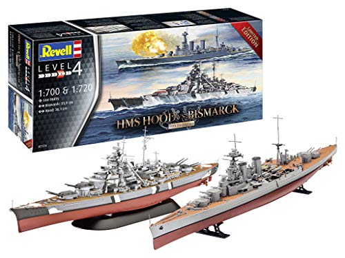 Revell 05174 Zwei Schiffsmodelle in einem Set, HMS Hood vs. Bismarck, Jubiläumsset, Schiffmodellbausatz 1:700 & 1:720 originalgetreuer Modellbausatz für Fortgeschrittene, unlackiert von Revell