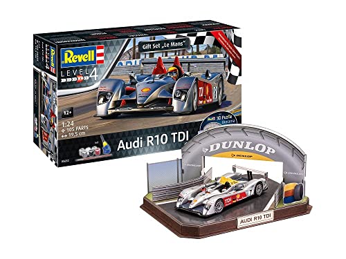 Revell 05682 Geschenkset Audi R10 TDI zum Selberbauen mit einem Lemans Racetrack Diorama als 3D-Puzzle originalgetreuer Modellbausatz für Fortgeschrittene, zum Bemalen von Revell