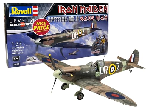 Revell 05688 IRON MAIDEN Fan-Edition, Spitfire Mk.II Aces High zum Selberbauen, Flugzeugmodellbausatz 1:32, 28,6 cm originalgetreuer Modellbausatz, Starter Set mit Basis-Zubehör, unlackiert, 1/32 von Revell