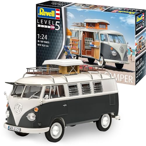 Revell 7674 Volkswagen VW T1 Bulli Camper, Campingbus zum Selberbauen 1:24, 18 cm Zubehör, Unlackiert von Revell