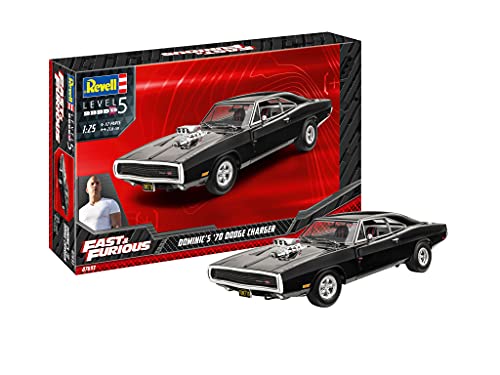 Revell 07693 Dominics 1970 Dodge Charger, Automodell 1:25 zu der bekannten Filmreihe, 21,6 cm The Fast and The Furious originalgetreuer Modellbausatz für Profis, unlackiert von Revell