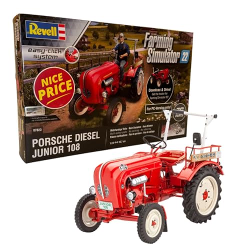 Revell 07823 Traktor Porsche Junior 108, Farming Simulator Edition, die Traktorlegende zum Selberbauen, 1:24, 10,7 cm Modellbausatz für Einsteiger mit dem Easy-Click-System, farbige Bauteile, Rot von Revell