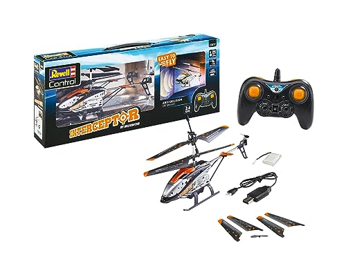 Revell Control 23817 RC Helikopter mit Fernbedienung INTERCEPTOR, Anti-Crash-Sensor, GHz, Start/Landung auf Knopfdruck, Höhensensor Hubschrauber Zubehör, Silber/Orange von Revell