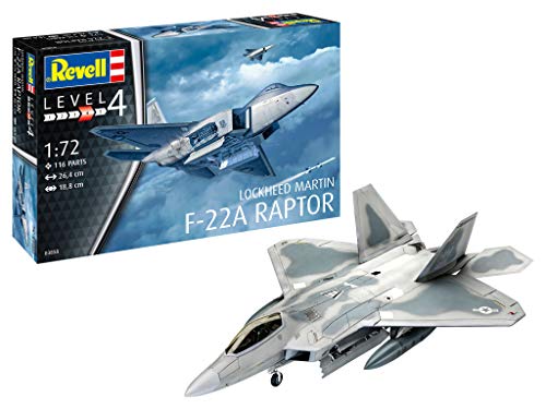 Revell 03858 Kampfflugzeug der US Air Force Lockheed Martin F-22A Raptor, Flugzeugmodell zum Selberbauen 1:72, 26,4 cm F-22, originalgetreuer Modellbausatz für Fortgeschrittene, unlackiert, 1/72 von Revell