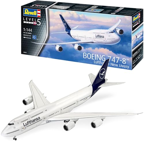 Revell Boeing 747-8 Lufthansa New Livery | Flugzeug Modellbausatz | Detailliertes Fahrwerk und Triebwerksnachbildung | Maßstab 1:144 | Inkusive Bauanleitung und Abziehbilder | Ab 13 Jahren von Revell