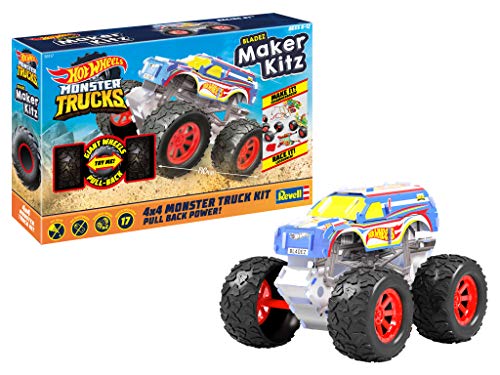 Revell 50317 Monster Truck Racing #1, Spielzeugauto 1:32 mit Sprungschanze Hot Wheels Maker Kitz-zusammenbauen und losfahren, mit Rückziehmotor (Pull Back), weiß/blau von Revell