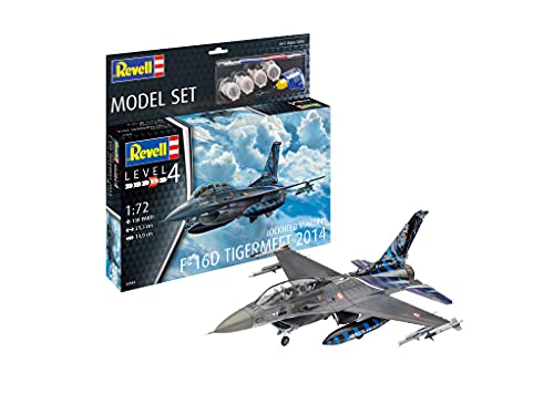 Revell 63844 Model Set Lockheed Martin F-16D Tigermeet 2014, Modellflugzeug zum Selberbauen 1,72, 21,3 cm Fahrzeug originalgetreuer Modellbausatz für Fortgeschrittene, mit Basis-Zubehör, zum Bemalen von Revell