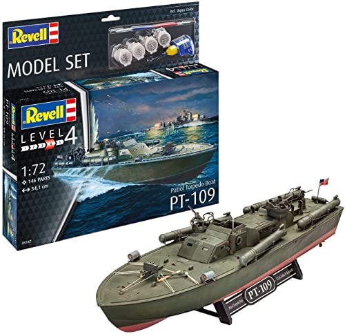 Revell 65147 Model Set Schnellboot Patrol Torpedo Boat PT-109, Schiffmodell zum Selberbauen 1:72, 34,1 cm originalgetreuer Modellbausatz für Fortgeschrittene, Starter Kit mit Basis-Zubehör, unlackiert von Revell