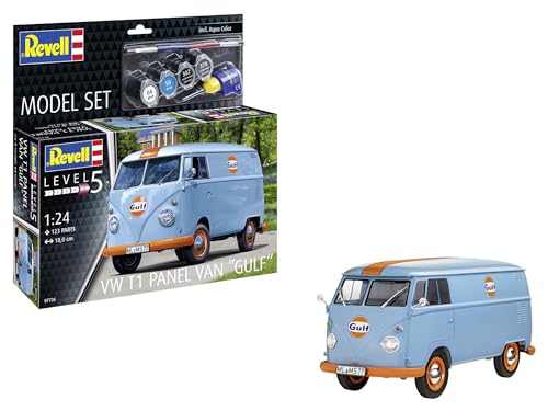 Revell Modellbau I Model Set VW T1 Panel Van (Gulf Decoration) I Bausatz I Maßstab 1:24 I 124 Teile I Bastelset ab 13 Jahren I Detailgetreues Modell I Transporter I Authentische Nachbildung von Revell