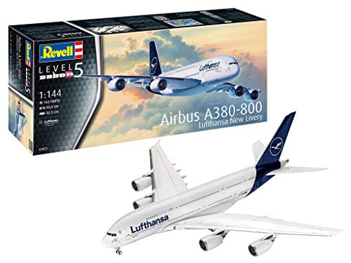 Revell 03872 Passagierflugzeug Airbus A380-800 Lufthansa New Livery, 1:144/50,4 cm Other License originalgetreuer Modellbausatz für Experten, unlackiert, 1/144 von Revell