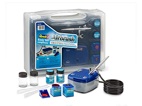 Revell Basic Set mit Kompressor, Airbrush Komplett-Set für Einsteiger mit Airbrushpistole, Kompressor, Acryfarben und weiterem Zubehör, Blau, Mittel von Revell