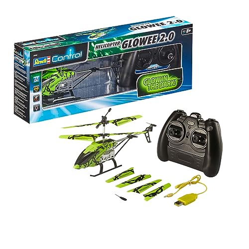 Revell Control Helicopter Glowee 2.0, LEDs für spektakuläre Lichteffekte, Koaxial-Rotorsystem mit Gyro, 3CH-GHz-Fernsteuerung, Inklusive USB-Ladegerät und Ersatzrotorset von Revell Control