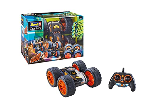 Revell Control 24554 RC Stunt Car Wheely Monster, auf Knopfdruck auch auf 2 Rädern fahrbar ferngesteuertes Auto, Schwarz/Orange, rund 25 cm lang von Revell Control