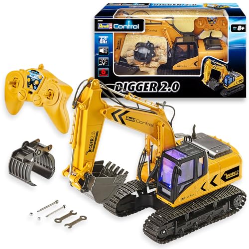 Revell Control 24924 RC Raupenbagger Digger 2.0, Kettenantrieb, wechselbare Schaufel und Baumgreifer, Outdoor-tauglich, Akku Ferngesteuerter Bagger, 2.4 GHz, gelb von Revell