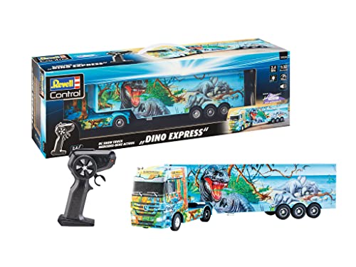 Revell Control RC Show Truck Mercedes Benz Actros Dino Express I Maßstab 1:32 I Detailreiche Airbrush-Lackierung und Dino-Design I Realistische Sounds und LED-Beleuchtung I An-/Abkoppeln des Trailers von Revell