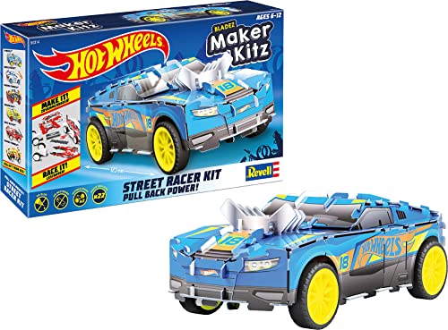 Revell 50314 D-Muscle, Spielzeugauto 1:32 mit Sprungschanze Hot Wheels Maker Kitz-zusammenbauen und losfahren, mit Rückziehmotor (Pull Back), blau von Revell