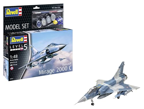 Revell Modellbausatz Dassault Mirage 2000C | Kampfflugzeug mit einzigartigem Flugkontrollsystem | Maßstabsgetreu mit detailliertem Fahrwerk | Zubehör inkl. Kleber und Pinsel von Revell