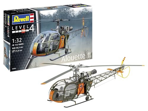 Revell Modellbau I Alouette II I Bausatz I Maßstab 1:32 I 191 Teile I Bastelset ab 12 Jahren I Detailgetreues Modell mit authentischem Design I Helikopter, Molded Color von Revell