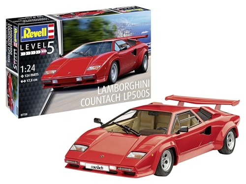 Revell Modellbausatz Lamborghini Countach LP500S I Detaillierter Zwölfzylinder-Motor I Bewegliche Motorhaube für authentischen Look I Inklusive Abziehbilder zur individuellen Gestaltung von Revell