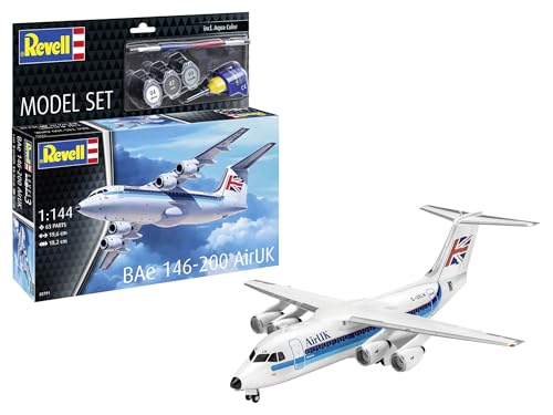 Revell Modellbausatz BAe 146-200 “AirUK”, Kurzstreckenflugzeug, Authentische Nachbildung, 1 Abziehbild-Schema, inklusive Basisfarben, Kleber & Pinsel, ideal für Modellbauer und Flugzeugfans von Revell