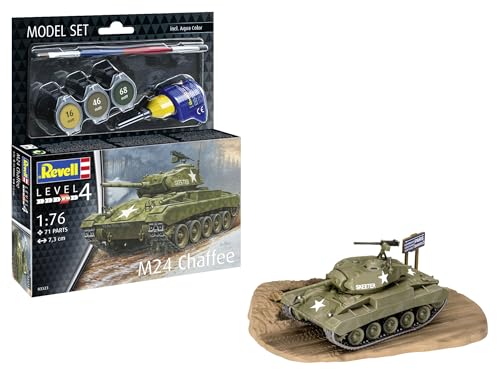 Revell Modellbausatz M24 Chaffee | Amerikanischer Panzer im WWII | Drehbarer Turm & Dioramenplatte | Zubehör inkl. Kleber und Pinsel von Revell