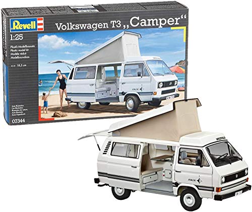 Revell 07344 Volkswagen VW T3 Bulli Camper Bus, Automodellbausatz 1:25, 18,5cm Fahrzeug originalgetreuer Modellbausatz für Einsteiger, unlackiert von Revell