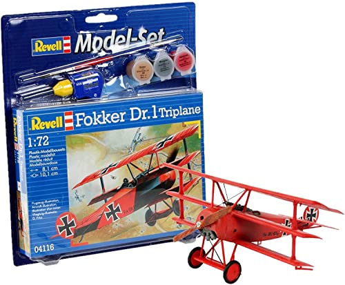 Revell Modellbausatz Flugzeug 1:72 - Fokker Dr. 1 Triplane im Maßstab 1:72, Level 4, originalgetreue Nachbildung mit vielen Details, , Model Set mit Basiszubehör, 64116, Rot von Revell