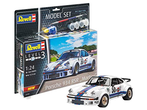 Revell Modellbausatz Porsche 934 RSR Martini - Maßstab 1:24 - Detaillierte Karosserie und Überrollbügel - Mehrteiliger Motor und drehbare Räder - Originalgetreues Martini-Dekor von Revell