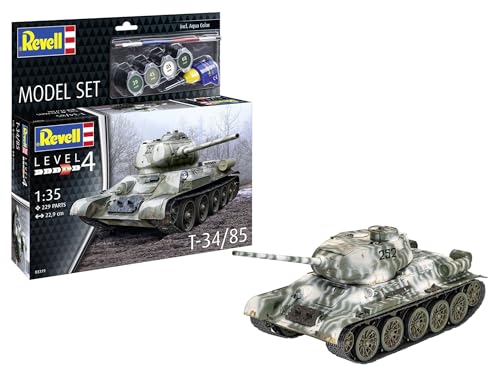 Revell Modellbausatz T-34/85 | Berühmter sowjetischer Panzer des WWII | Sehr detaillierter Bausatz mit 85-mm-Kanone, drehbarem Turm & Spritzgusskette | Inkl. Kleber und Pinsel von Revell