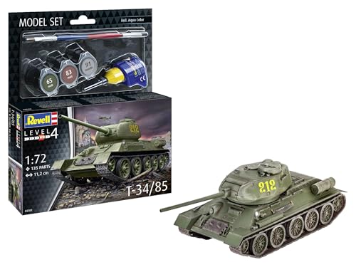 Revell Modellbausatz T-34/85 | Legendärer sowjetischer Panzer des WWII | Drehbarer Turm, 85 mm Kanone & Spritzgusskette mit Einzelgliedern | Inkl. Kleber und Pinsel von Revell